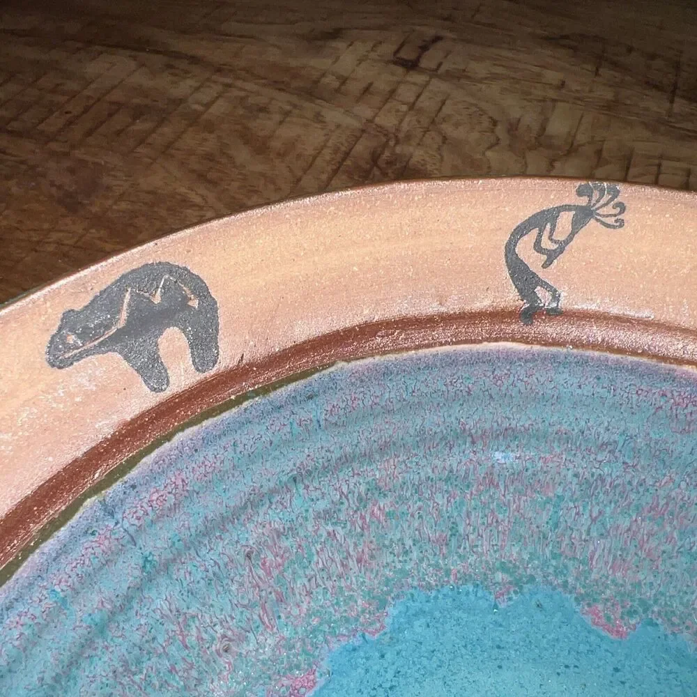 Vintage A&A Art Pottery Centerpiece Bowl Teal Blue Aztec Design Bear RARE